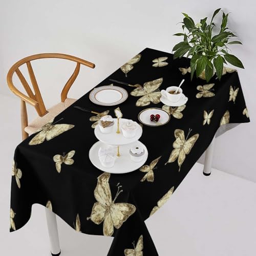 Golden Butterfly Tablecloth, Vintage Luxury Yellow Golden Butterflies Print Table Cloth for Kitchen Dining Coffee Table Outdoor Party Decor 60x90in
