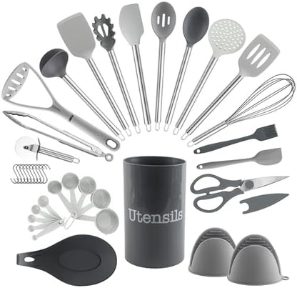COOK WITH COLOR Silicone Cooking Utensils, Kitchen Utensil Set, Easy to Clean Silicone Kitchen Utensils, Cooking Utensils for Nonstick Cookware, Kitchen Gadgets Set, 38 Piece, Gray