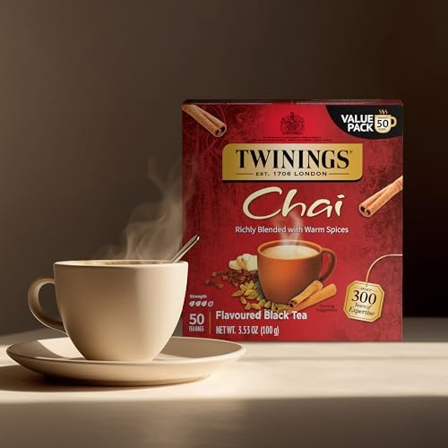 Twinings Chai Black Tea Individually Wrapped Bags, 50 Count (Pack of 6), Sweet, Savoury Spices, Caffeinated, Enjoy Hot or Iced, 300 Teabags