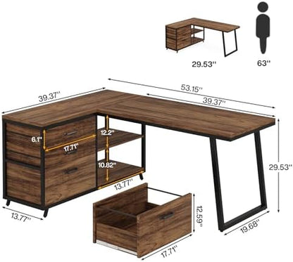 Tribesigns L-Shaped Computer Desk with 3 Drawers, Reversible Corner Home Office Desk with Shelves, 53-Inch Industrial PC Desk Study Writing Table Workstation for Small Space, Rustic Brown