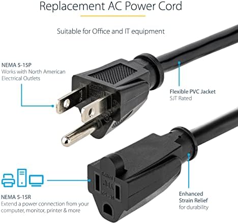 StarTech 6ft Heavy Duty Extension Cord, 15A 125V, 14AWG, Black (PAC101146)
