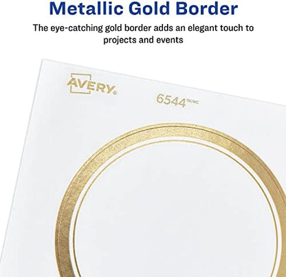 Avery Matte White Labels, Metallic Gold Borders, 3" Round Labels, 60 Total, Laser/Inkjet Printable (6544)
