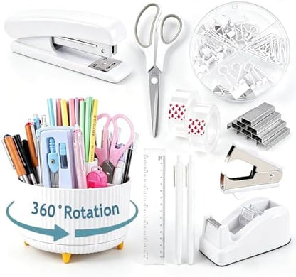 Gawsey White Desk Organizers and Accessories with Desk Organizer 360° Rotating Pen Holder and Office Supplies, Cute Stationery Supplies Set
