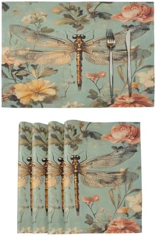 ALAZA Vintage Dragonfly Floral 1 PC Placemats Rectangle Table Mat for Dining Table Restaurant Kitchen Home Decor, 12" x 18"