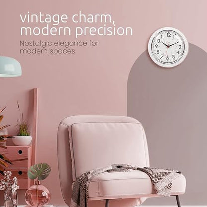 Kiera Grace Retro Wall Clock, Silent Non-Ticking Design, Battery Operated, Vintage Home Decor for Living Room, Bedroom, Kitchen, Office, White, 9.5"