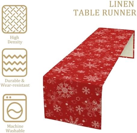 Red Snowflakes Christmas Table Runner, Seasonal Winter Holiday Kitchen Dining Table Decoration for Home Party Decor 13x60 Inch