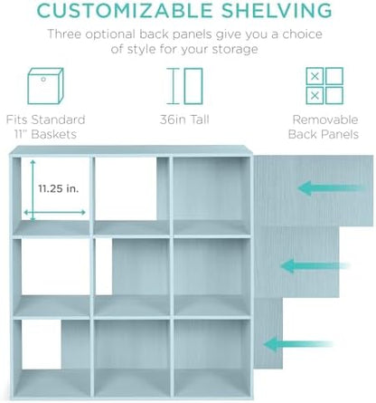 Best Choice Products Kids Bookcase 9-Cube Storage Organizer, 11in Shelf Opening, Bookshelf, Toy Storage, Customizable w/ 3 Removable Back Panels – Light Blue