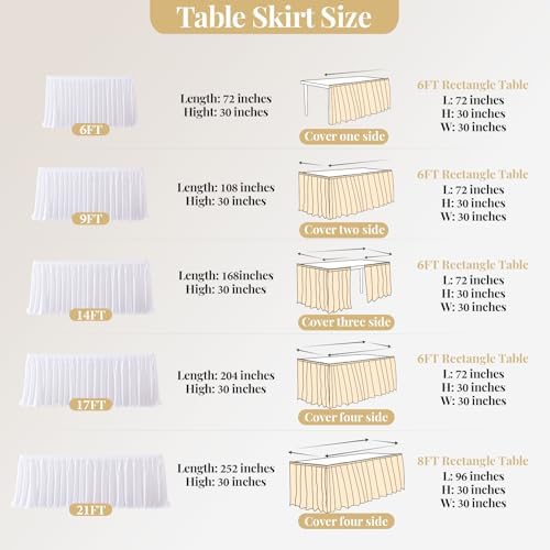 Wish Care 6ft White Satin Table Skirt for Rectangle Tables Wrinkle Free Teacher Desk Skirt Glitter Ruffle Table Skirting Cloth for Office Wedding Birthday Baby Shower Party Banquet Table Decorations