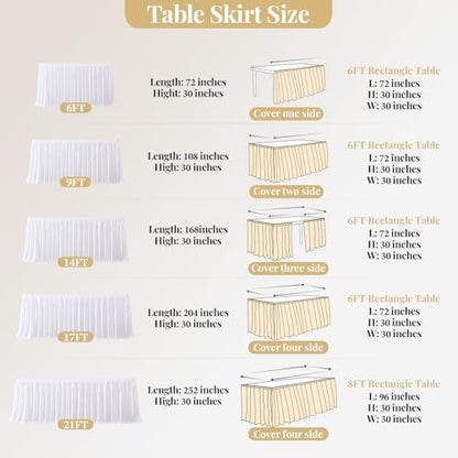 Wish Care 6ft White Satin Table Skirt for Rectangle Tables Wrinkle Free Teacher Desk Skirt Glitter Ruffle Table Skirting Cloth for Office Wedding Birthday Baby Shower Party Banquet Table Decorations