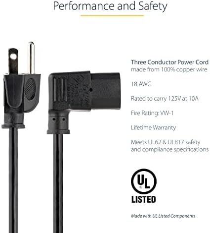 StarTech.com 10ft (3m) Computer Power Cord, 18AWG, NEMA 5-15P to Right Angle C13, 10A 125V, Replacement AC Power Cord, PC Power Supply Cable, Printer / Monitor Power Cord - UL Listed (PXT101L10)