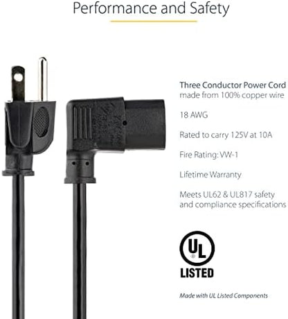 StarTech.com 10ft (3m) Computer Power Cord, 18AWG, NEMA 5-15P to Right Angle C13, 10A 125V, Replacement AC Power Cord, PC Power Supply Cable, Printer / Monitor Power Cord - UL Listed (PXT101L10)