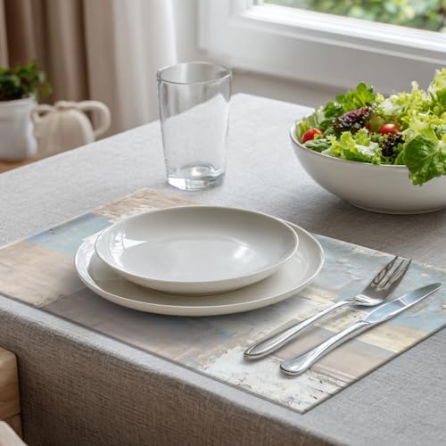 Batmerry Taupe Squares Texture Linen Placemats Set of 8, Grey and Beige Abstract Painting Washable Table Mats for Kitchen Table Thickened Heat Insulation Dining Set Indoor Outdoor 12X18 in