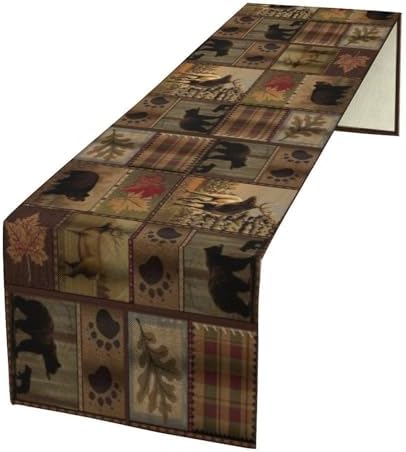 Rustic Bear Table Runner, Vintage Cottage Country Style Pine Tree Elk Wildlife Dinner Runner for Home Kitchen Dining Table Decoration 13"x90"