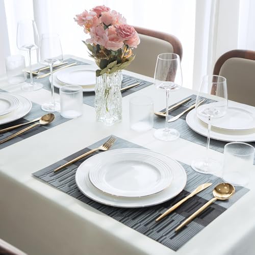 Placemats Set of 12 Vinyl/Plastic Woven Place Mats for Kitchen Table Indoor/Outdoor Washable Placemat Wipeable Dining Table Mats (Ombre Silver Grey Black,12)