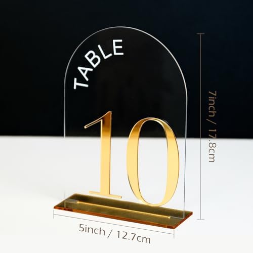 Clear Arch Wedding Table Numbers 1-15, Gold Numbers and Stands
