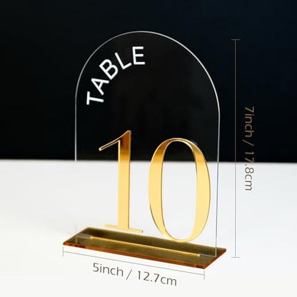Clear Arch Wedding Table Numbers 1-15, Gold Numbers and Stands