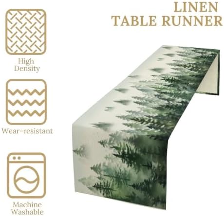 Watercolor Green Pine Trees Table Runner, Forest Woodland Tabletop Scarf Home Kitchen Holiday Decor, Seasonal Farmhouse Rustic Dining Decorations Party Supply 13 X 120 Inch