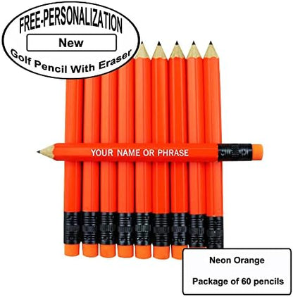 EZPENCILS & GIFTS - Golf Pencils Tipped with Eraser (1/2 a Pencil - Pew Pencils) - Neon Orange Colored Barrel - FREE-PERSONALIZATION - 2HB Black Lead - Custom Text - Non-Smear Eraser – Package of 60