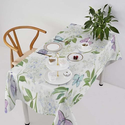 Butterfly Floral Tablecloth, Spring Summer Watercolor Flowers Plants Leaves Print Table Cover for Party Picnic Dinner Decor 55x75in