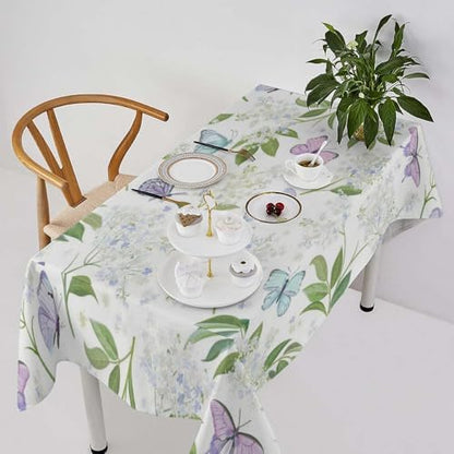 Butterfly Floral Tablecloth, Spring Summer Watercolor Flowers Plants Leaves Print Table Cover for Party Picnic Dinner Decor 55x75in