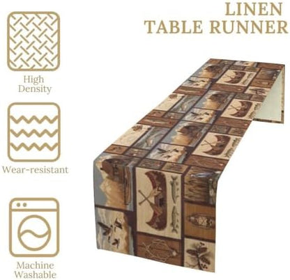 Retro Rustic Style Table Runner, Vintage Moose Deer Bear Leaf Tree Country Style Farmhouse Cottage Cabin Dinner Table Decoration for Home Kitchen Dining 13"x60"