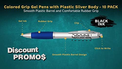DISCOUNT PROMOS Custom Colored Grip Gel Pens Set of 10, Personalized Bulk Pack - Great for Office, School, Business, Tradeshows, Events - Blue