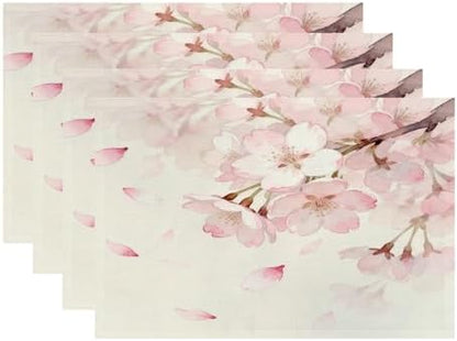 Batmerry Vintage Cherry Blossom Linen Placemats Set of 4, Delicate Watercolor Pink Flowers Washable Table Mats for Kitchen Table Thickened Heat Insulation Dining Set Indoor Outdoor 12X18 in