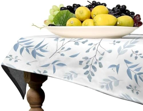 Blue Leaves Tablecloth, Summer Light Blue White Grey Leaves Fern Forest Herbs Plants Print Table Cloth for Indoor Outdoor Dining Table Party Picnic Decor 60x90in