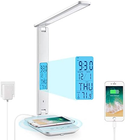LAOPAO Desk Lamp with Wireless Charger: USB Charging Port, Table Lamp with Clock, Desk Lamps for Home Office College Dorm Room Essentials