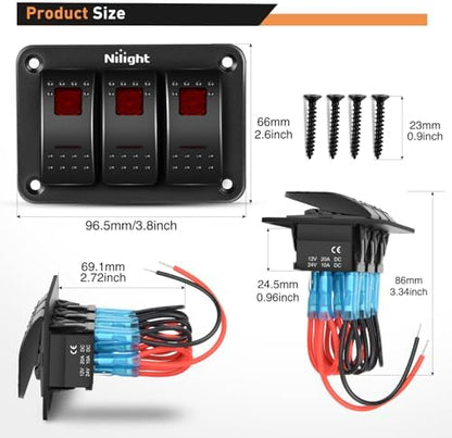 Nilight - 90019C 3 Gang Aluminum Rocker Switch Panel Toggle Dash 5 Pin ON/Off Pre-Wired Rocker Switch Red Backlit Switch for Automotive Car Marine Boat RV,2 Years Warranty
