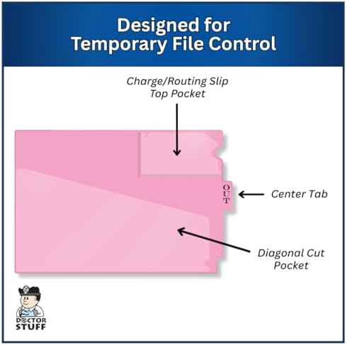 Doctor Stuff - Center Tab Vinyl Outguides, Diagonal Cut Front Pocket, Top Charge Out Slip Pocket, Plastic File Folder, Letter Size 9" x 13-1/4", Pink, 25/Box