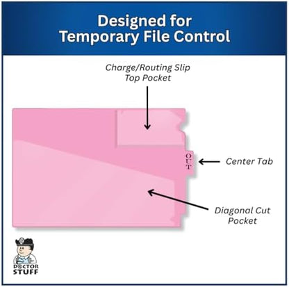 Doctor Stuff - Center Tab Vinyl Outguides, Diagonal Cut Front Pocket, Top Charge Out Slip Pocket, Plastic File Folder, Letter Size 9" x 13-1/4", Pink, 25/Box