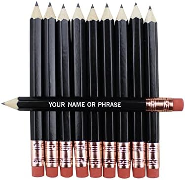 EZPENCILS & GIFTS - Golf Pencils Tipped with Eraser (1/2 a Pencil - Pew Pencils) - Black Colored Barrel - FREE-PERSONALIZATION - 2HB Black Lead - Custom Text - Non-Smear Eraser – Package of 60