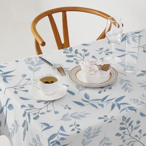 Blue Leaves Tablecloth, Summer Light Blue White Grey Leaves Fern Forest Herbs Plants Print Table Cloth for Indoor Outdoor Dining Table Party Picnic Decor 60x90in