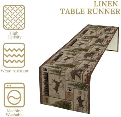 Rustic Moose Deer Bear Table Runner, Retro Vintage Bear Cottage Country Style Cabin Farmhouse Dinner Runner for Home Kitchen Dining Table Decoration 13x36inch