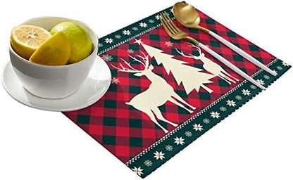 Christmas Trees Reindeer Elk Placemats Set of 4, Red Holiday Buffalo Checkered Plaid Cotton Line Stain Resistant Table Mats Washable Holidays Placemat Decoration For Kitchen Dining Table Farmhouse
