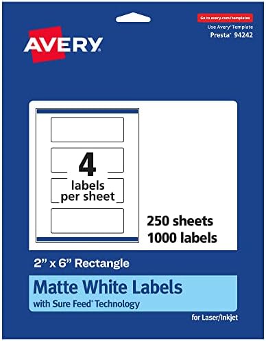 Avery® Matte White Rectangle Labels, Sure Feed® Technology, 2" x 6", 1,000 Matte White Printable Labels