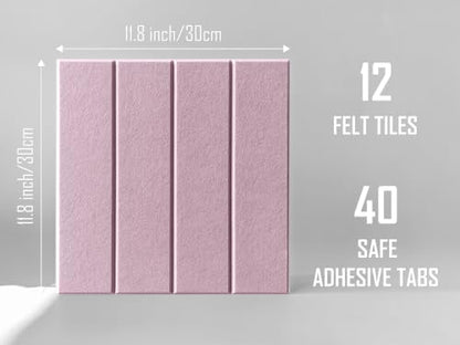 Felt Bulletin Board- Cork Board Tiles Alternative - 12 Pack Square Felt Wall Tiles with Safe Removable Adhesive Tabs - Light Pink