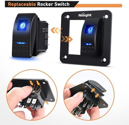 Nilight 90106B 2 Gang Rocker Switch Panel 5 Pin On Off Pre-Wired Rocker Switch Aluminum Panel Waterproof Switche Panel for 12V/24V Automotive Cars Marine Boats ATVs Trailers,2 Years Warranty , Blue
