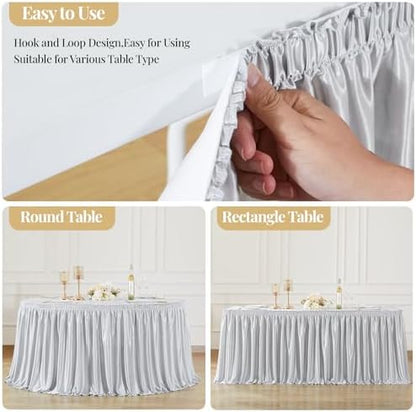 Wish Care 21ft Silver Satin Long Table Skirt for Rectangle Tables Wrinkle Free Teacher Desk Skirt Glitter Ruffle Table Skirting Cloth for Back to School Classroom Office Birthday Party Table Decor