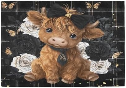 ALAZA Highland Cow Rose Butterfly Set of 6 Placemats Rectangle Table Mat for Dining Table Restaurant Kitchen Home Decor, 12" x 18"