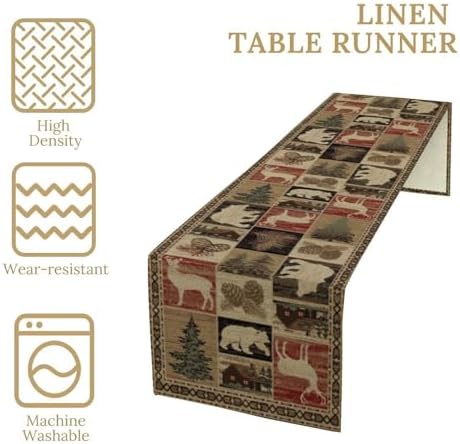 Retro Rustic Table Runner, Vintage Moose Deer Bear Leaf Tree Country Style Farmhouse Cottage Cabin Dinner Table Decoration for Home Kitchen Dining 13"x90"