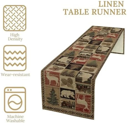Retro Rustic Table Runner, Vintage Moose Deer Bear Leaf Tree Country Style Farmhouse Cottage Cabin Dinner Table Decoration for Home Kitchen Dining 13"x90"