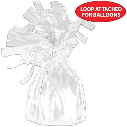 Beistle White Metallic Plastic Wrapped Balloon Weights For Birthday Parties, Weddings, Anniversaries, Table Décor, Celebrating With You Since 1900, 5.5" x 2.5", 6 Piece