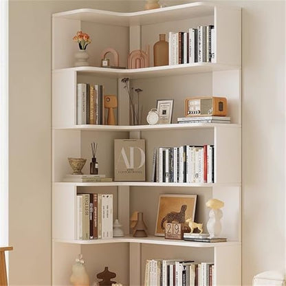 Vertical Wall Corner Shelf with Open Back 6-Shelf Wood Corner Bookshelf Floor Book Rack Multi-Layer Storage Shelf Against the Wall Bookcase White 35" L x 24" W x 63" H