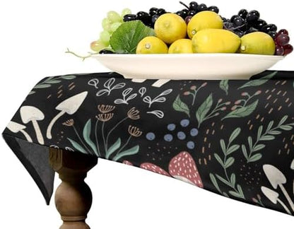 Mushroom Tablecloth, Cartoon Green Leaves Mushroom Wildflower Plant Botanical Herb Nature Garden Print Table Cloth for Home Kitchen Outdoor Party Picnic Wedding Decor 60x90in