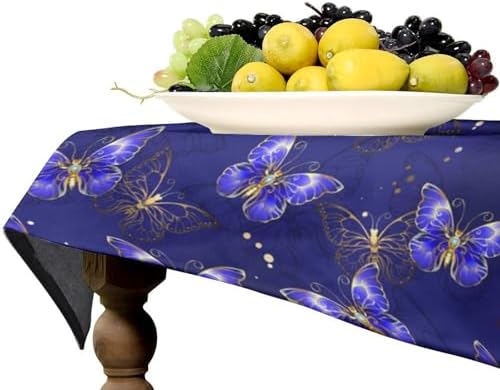 Dark Purple Butterfly Tablecloth, Luxury Golden Blue Purple Butterfly Print Table Cloth for Outdoor Patio Party Picnic Wedding Indoor Kitchen Dinner Table Decor 60x120in