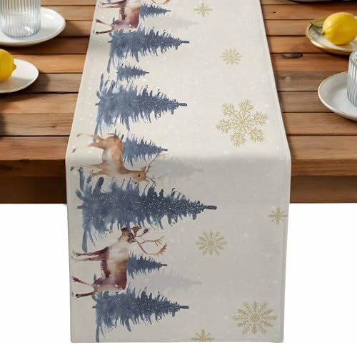 Christmas Table Runner Dresser Scarf 13 x 108 Inch Vintage PineTree Forest Elk Glod Snowflakes Linen Table Runners Non-Slip Heat Resistant Kitchen Dining Table Decor for Home Holidays Indoor Outdoor