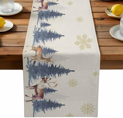 Christmas Table Runner Dresser Scarf 13 x 60 Inch Vintage PineTree Forest Elk Glod Snowflakes Linen Table Runners Non-Slip Heat Resistant Kitchen Dining Table Decor for Home Holidays Indoor Outdoor