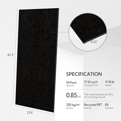 Olanglab Acoustic Wall Panels, 10 Pack, 48" x 24", Plain Black